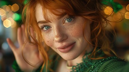 Naklejka premium Smiling Red-Haired Woman in Saint Patrick's Costume Inviting to Parade