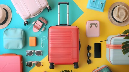 A traveler's suitcases and accessories on colorful background, Generative AI illustrations. 