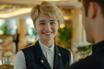 Happy Female Hotel Concierge Portrait, Professional Environment, Diverse Workforce, Corporate Photography, Team Collaboration, Engaged Employees, Authentic Work Settings.