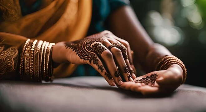 Indian woman with henna tattoo on hand.