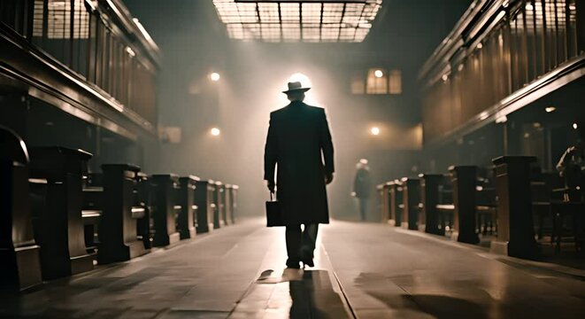 Private detective with hat and trench coat. Detective in the city.