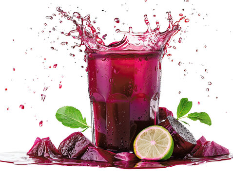 Refreshing beetroot juice splashing out of glass with lime and leaves on white background. Vibrant colors and healthy drink concept.