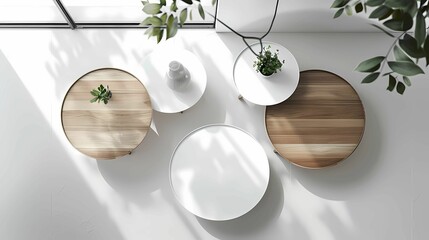 A coffee table from above a tables in a aseptic and white enviroment, the table top white without texture, Generative AI illustrations. 
