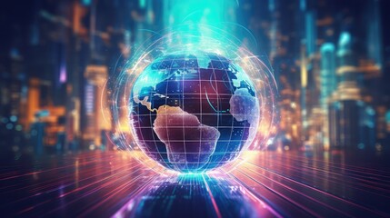 A globe with global business connections and data exchange, Cyberpunk, Bright neon colors, 3D rendering