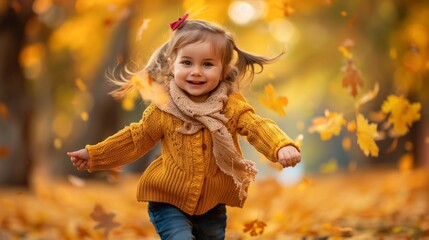 Fototapeta premium Happy child playing with autumn leaves in a park.