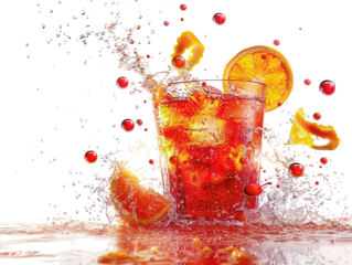 Refreshing glass of a fruity red drink with ice, orange slices, and berries splashing around on a white background.