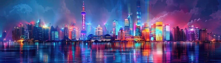 Colorful city skyline at night reflecting on water, showcasing vibrant urban architecture with glowing neon lights.