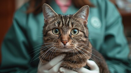 Veterinarian gently holding a cute cat on blue background, providing compassionate care and comfort