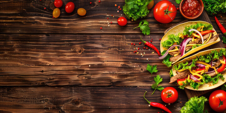 Tacos al Pastor on a rustic wooden table, Vibrant colors of fresh toppings, Authentic Mexican street food