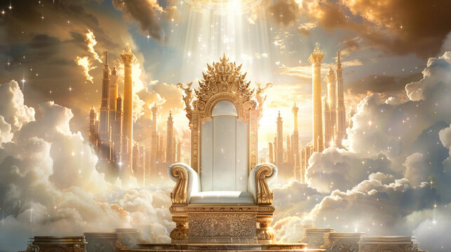 a golden throne sitting on top of a cloud filled sky