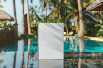 A magazine mockup featuring a blank book cover template standing on a table against a backdrop of a blurred summer scene, including a pool, water, palm trees, and a resort ambiance