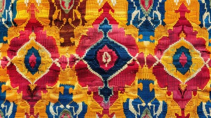 Fototapeta premium Close-up of colorful geometric patterned fabric with traditional motifs.