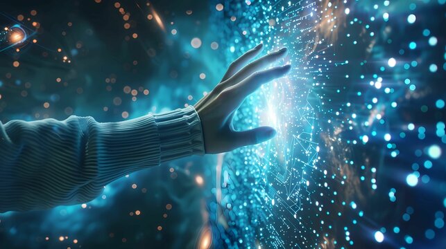 A woman hand touching the metaverse universe, digital transformation conceptual, next generation technology era, Generative AI illustrations.