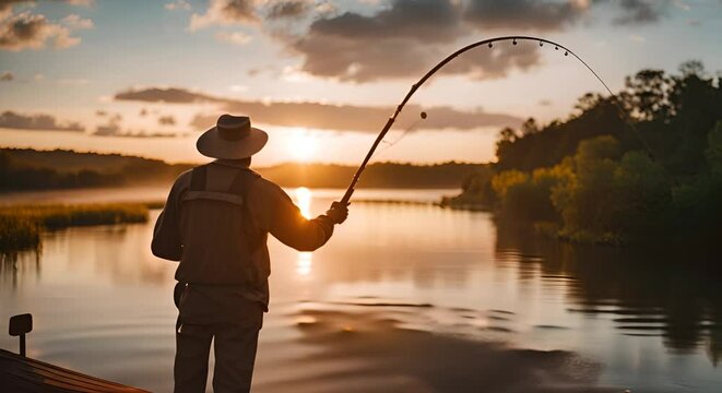Fisherman with fishing rod on the lake.