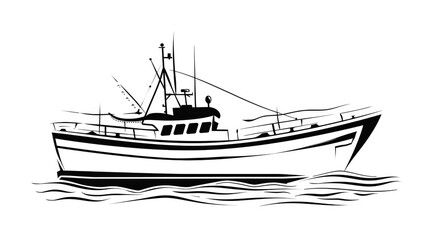 Monochrome Fishing Boat Illustration on Open Sea