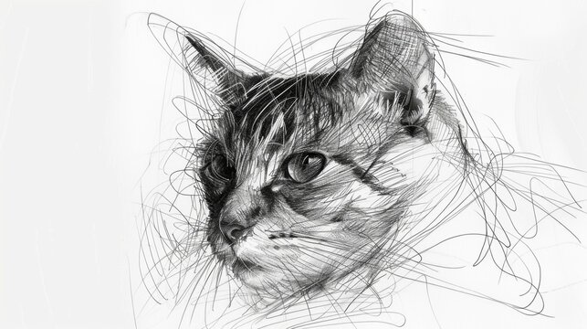 Intricate Feline Sketch: Artistic Black and White Cat Drawing