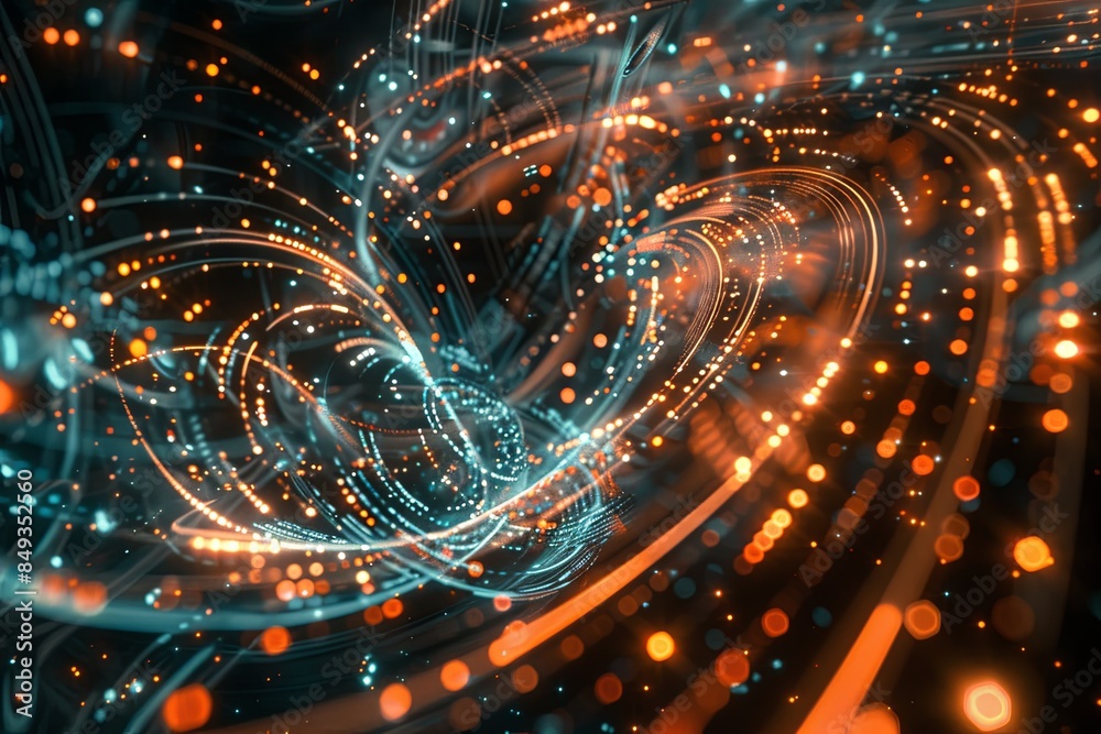 Leinwandbilder An intricate and dynamic visualization of big data processing, featuring massive information streams, complex graphs, and digital interfaces representing AI data processing. Generative AI