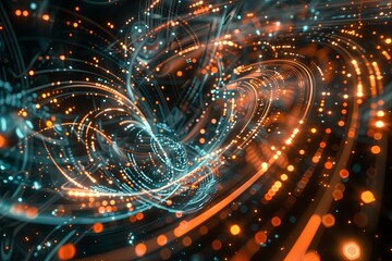 An intricate and dynamic visualization of big data processing, featuring massive information streams, complex graphs, and digital interfaces representing AI data processing. Generative AI