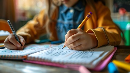 Child Writing in Notebook at Desk in Classroom. International Left Handers Awareness Day