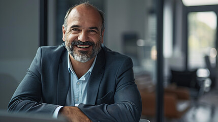 Fototapeta premium Indoor portrait of a smiling middle-aged businessman with a beard, wearing a suit