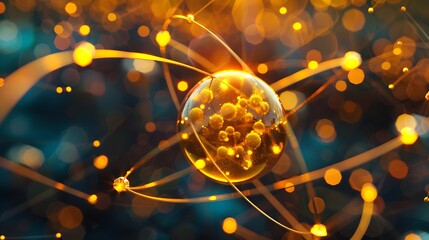 Representation of nano-sized objects with a yellow atom concept, highlighting nanotechnology principles and nuclear physics.