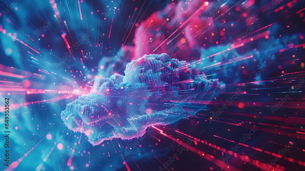 Fototapete an abstract, digital representation of cloud computing, with data processing and artificial intellig