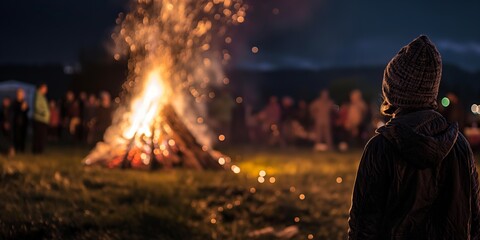 A person in warm clothing is gazing at a large bonfire during a night-time outdoor event