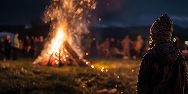 A person in warm clothing is gazing at a large bonfire during a night-time outdoor event