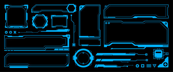 Blue Futuristic Technology Vector elements design, Cyberpunk Theme Bordera and frame, Sci fi infographic moniter and display illustration Template. © Moovor Lab