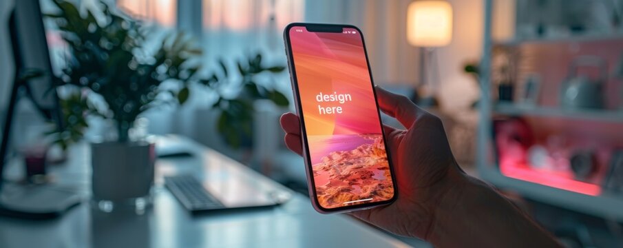 Hand holding an iPhone displaying a vibrant mockup design in a modern workspace