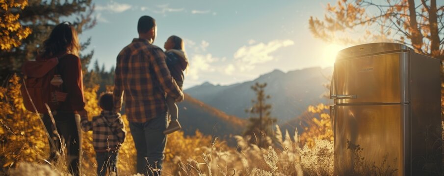 Family hiking for National Clean Out Your Refrigerator Day, November 15th, enjoying nature and planning a fridge cleanout, 4K hyperrealistic photo.