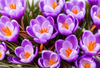 Fototapeta premium A close-up of violet crocus flowers blooming in the snow