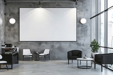 Elevate your corporate branding with a wide banner featuring a white blank frame mockup set against a modern business office reception background