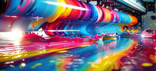 Printing services with a wide banner featuring an office or professional photocopier adorned with vibrant color splashes