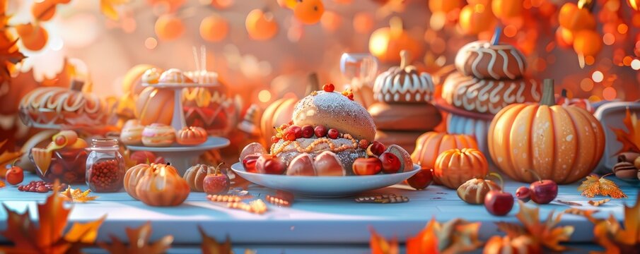 Autumn baking contest with seasonal treats, judges and culinary delights, 4K hyperrealistic photo.