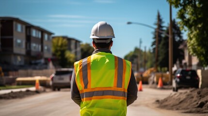 Obraz premium Construction worker in high-visibility vest and hard hat surveys urban road work on a sunny day, highlighting infrastructure development.