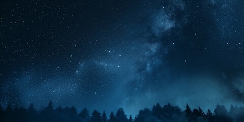 Fototapeta premium A stunning nightscape showing a starry sky above the dark silhouette of a woodland area