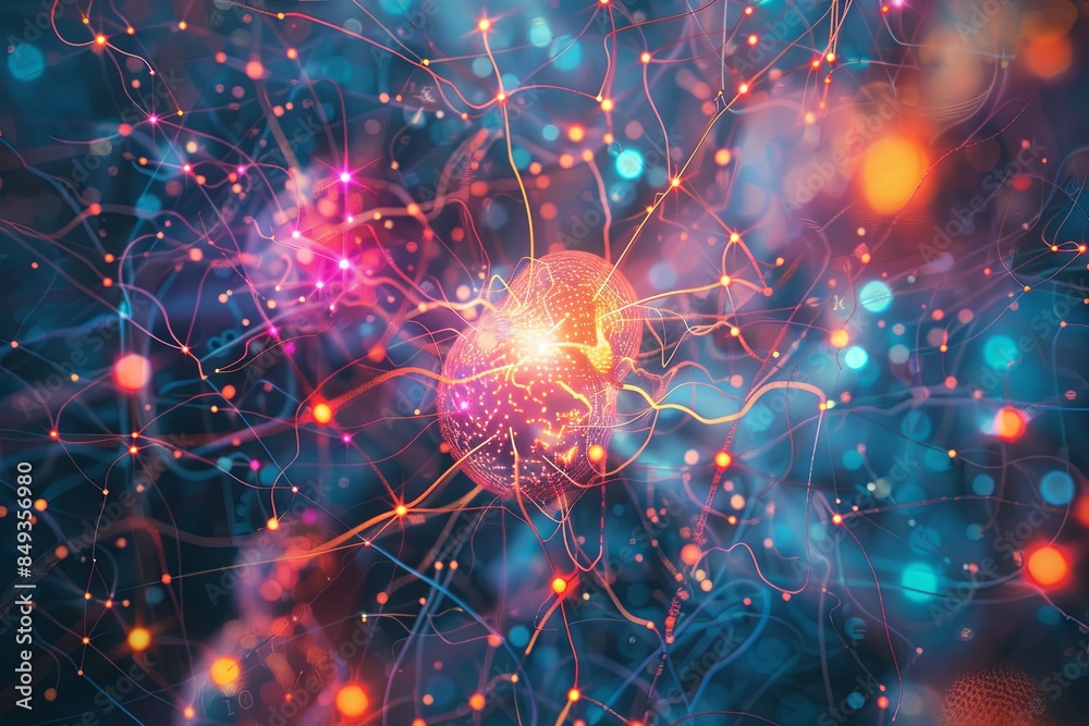 Poster An abstract visualization of a neural network with nodes and connections, representing AIs data processing and learning capabilities. Generative AI
