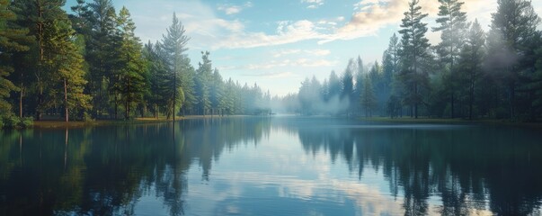 Fototapeta premium Tranquil forest lake reflecting the surrounding trees and sky, 4K hyperrealistic photo