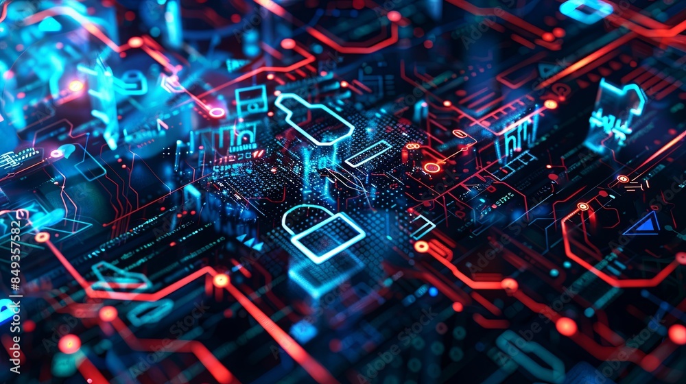 Poster An abstract representation of a digital network secured by AI algorithms and visualized with futuristic digital locks, shields, and nodes. Generative AI