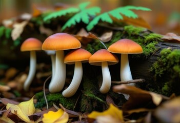 A close-up of mushrooms growing on a tree base in a forest with fallen leaves surrounding them