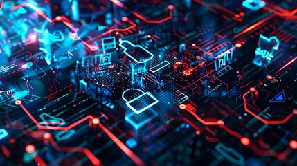 An abstract representation of a digital network secured by AI algorithms and visualized with futuristic digital locks, shields, and nodes. Generative AI