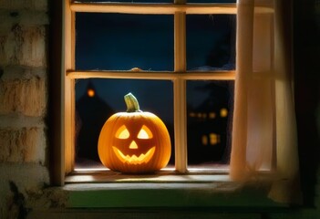A close-up of a carved Halloween pumpkin lit up in a dark room with a spooky house in the background