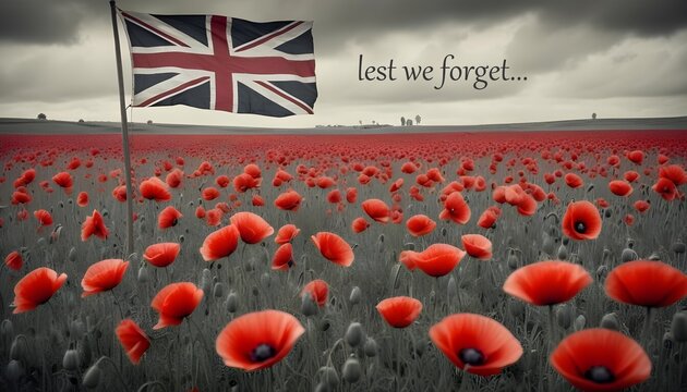 Remembrance Day uk flag with red poppy poppies, lest we forget