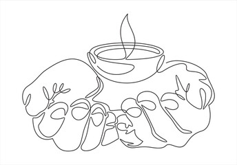 Hand holding burning candle Continuous one line drawing, candlelight, fire, flame, darkness, warmth,