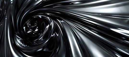 A black swirl of liquid metal, in the style of abstract digital art, creates an illusionistic depth with light and shadow effects, close up, using the rule technique, fluid lines, graceful curves