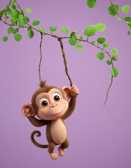 Fototapeta premium A 3D cartoon monkey hanging from a vine on a light purple background.