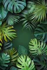Green tropical leaves, foliage plant in green flat color background. Paper cut style. Space for text. Generative AI.
