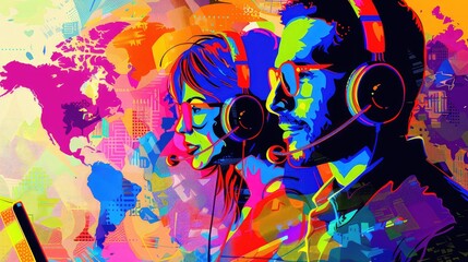 Obraz premium Customer service team connected globally through social networks, Pop art, Vibrant colors, Digital illustration