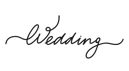 Wedding, black hand drawn one continuous line word. Holiday, happy event. Single outline. Vector illustration